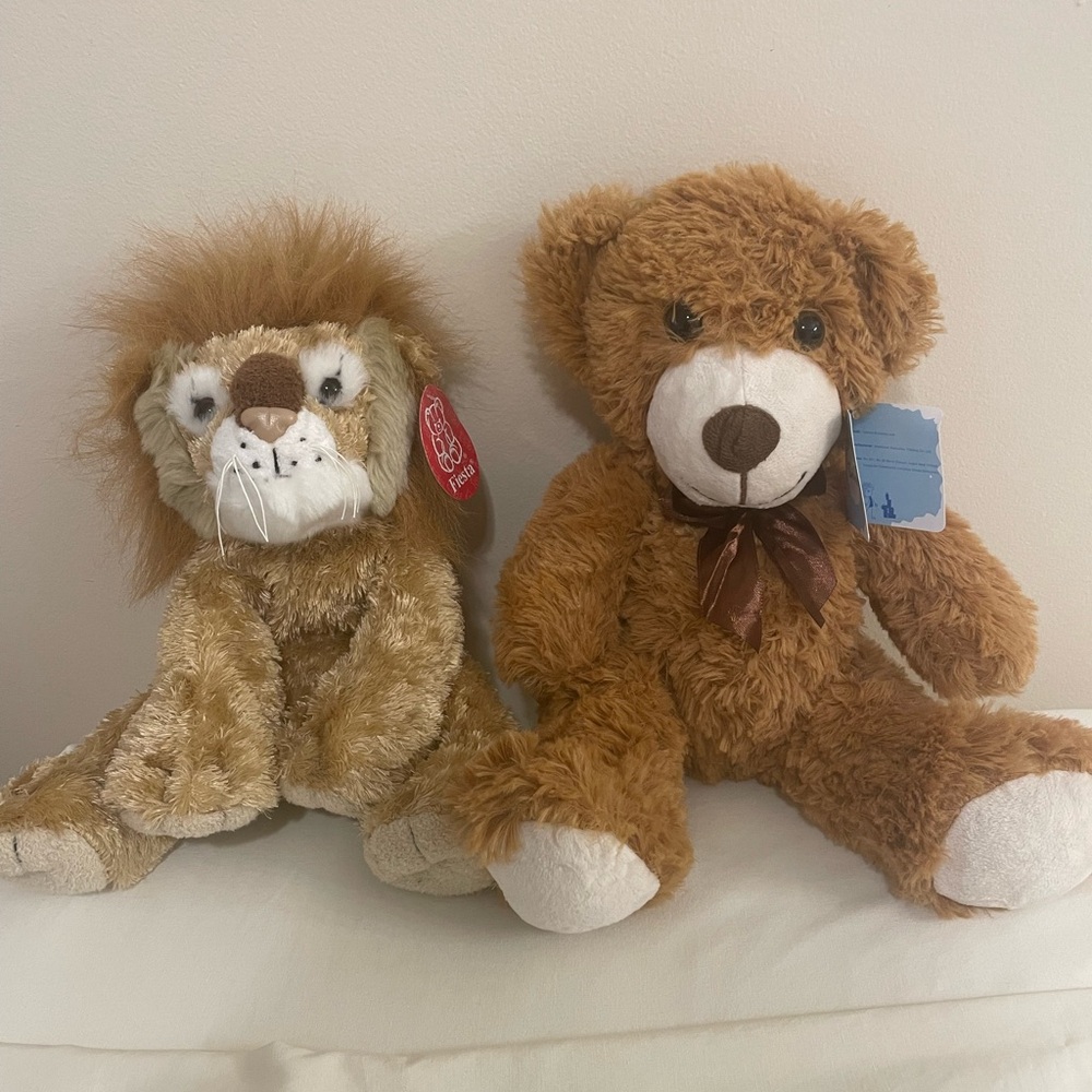 Cuddly Brown‎ Tezitour Teddy Bear and Fiesta Lion Plush Set, Both NWT